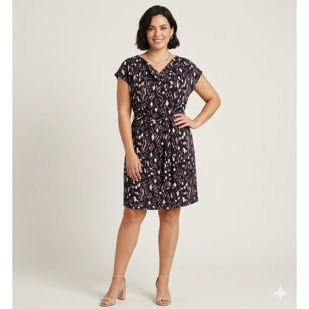 NWT Of Mercer Cowl Neck Sheath Dress Women L Black Purple‎ Ikat Print Belted